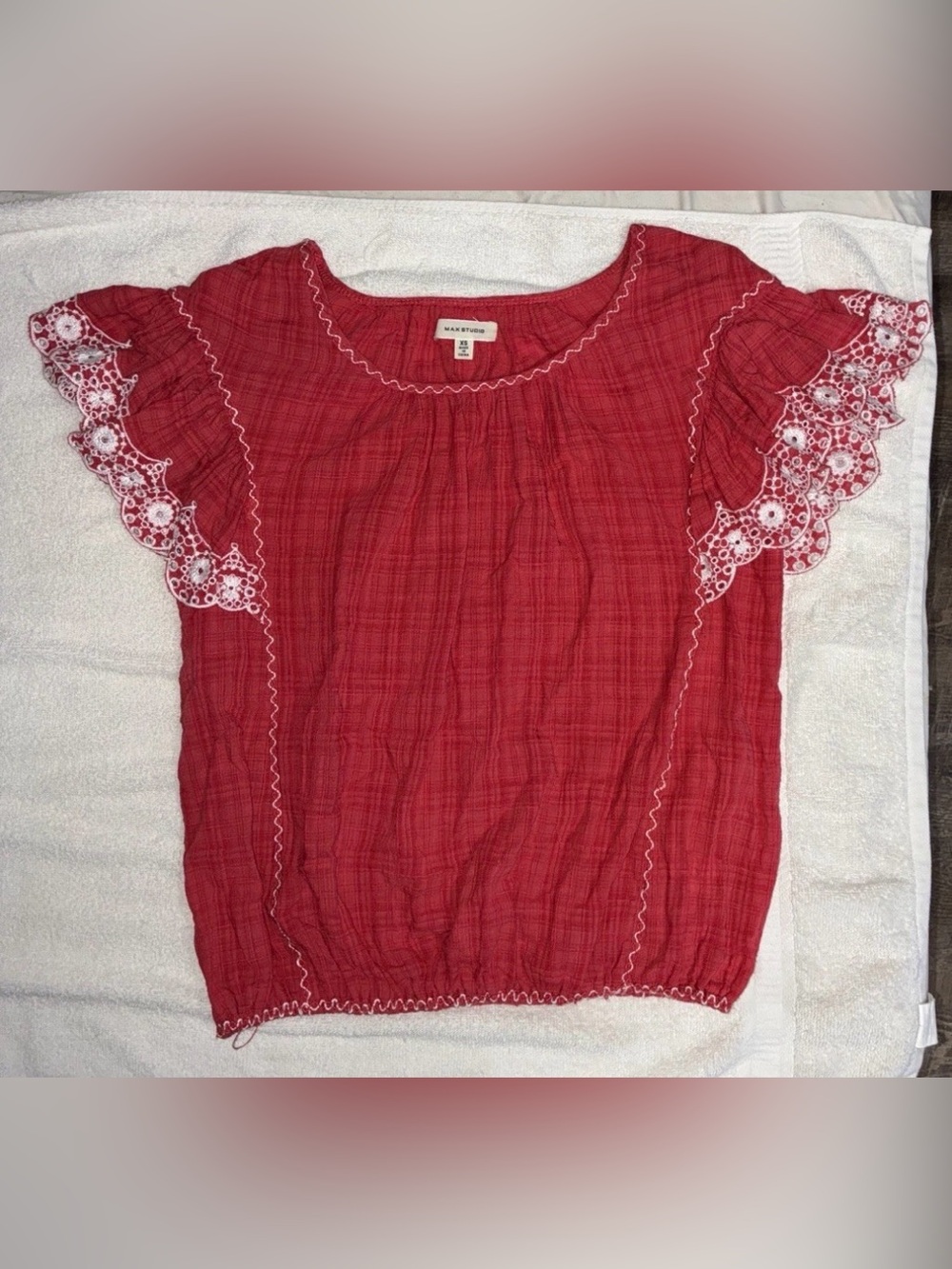 Max Studio Women’s Red Embroidered Flutter Sleeve Boho Blouse Size XSmall
